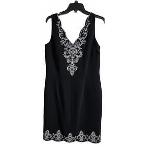 Maggy London Sleeveless Black Dress with White Embroidery
